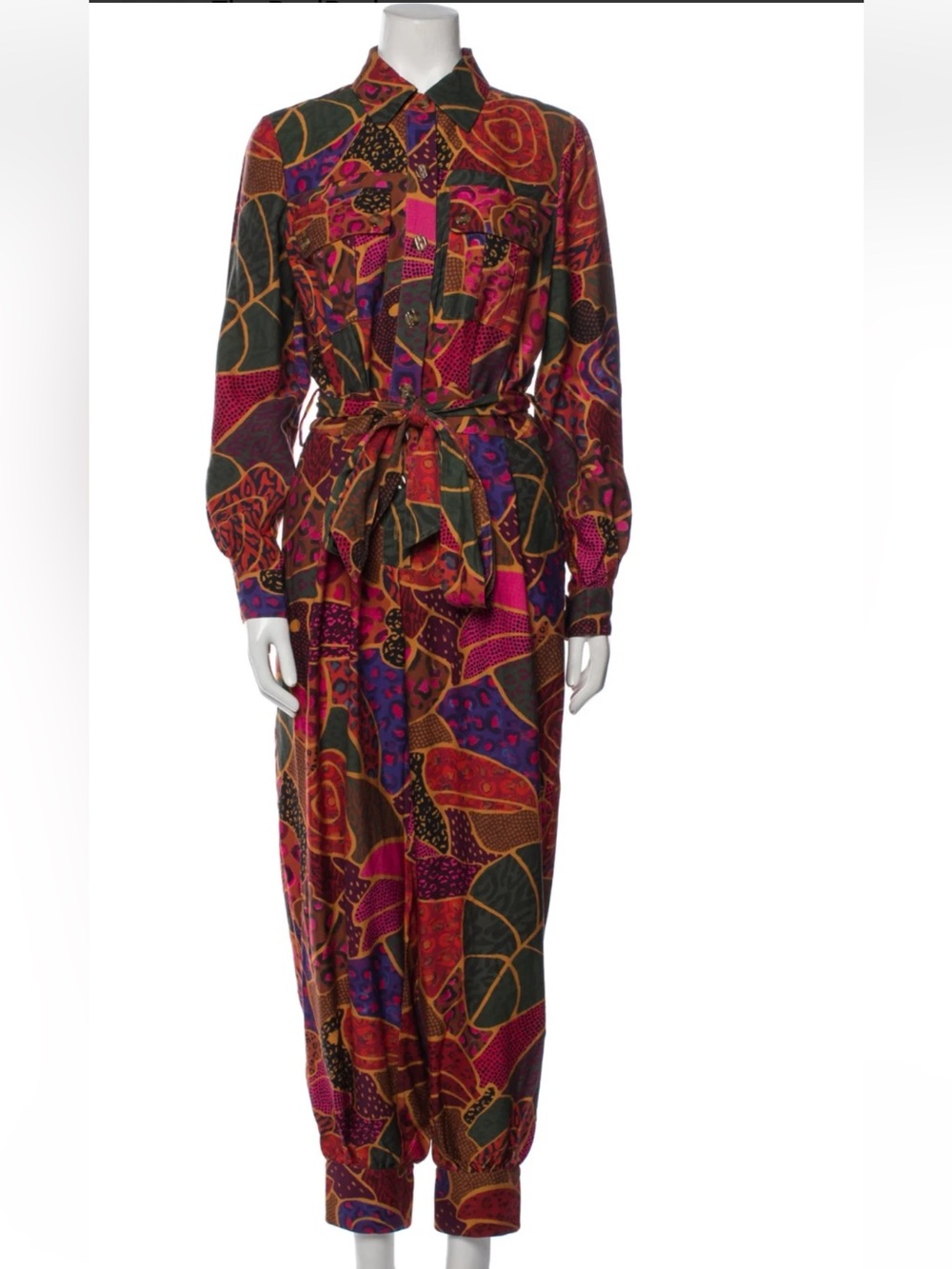 FARM Rio Multicolor Printed Long-Sleeve Jumpsuit in Red, Purple, Green Sz Small